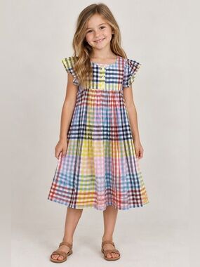 Tea Collection Girls Size 8 Linen Blend Patchwork Plaid Dress